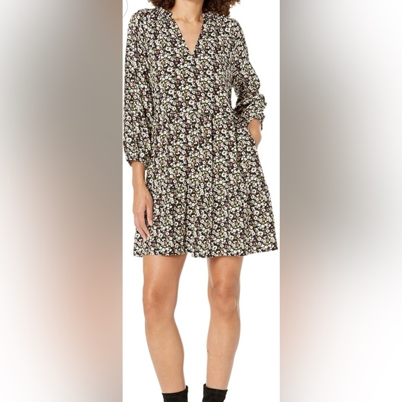 EUC Caralyn Mirand The Drop Ruffle-Neck Tiered Mini Dress, Black Floral Print - Picture 1 of 11